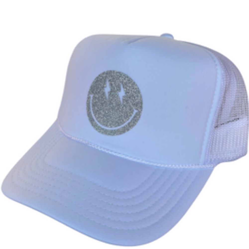 White Trucker Hat Silver Glitter Smiley Face - Like NEW Snap Back